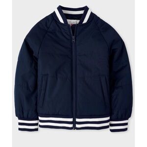 Navy Blue Bomber Jacket with Striped Trim